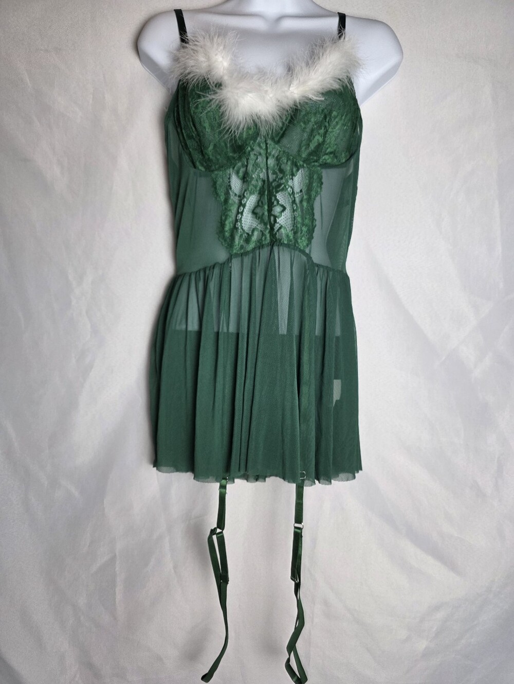 Avid Love NWT Green Babydoll Lingerie Sheer Lace Feather Christmas Teddy XL